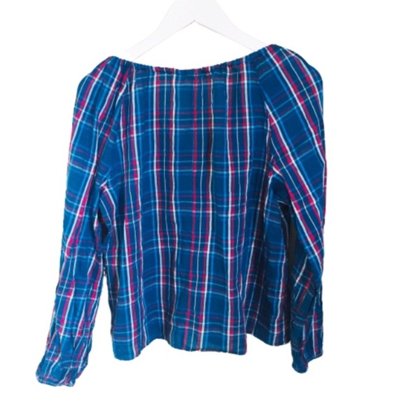 NWT GAP Plaid Blouse/Top With Front Drawstring & Tie Front Keyhole Blue/Red Sz S - Picture 7 of 8